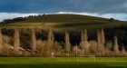 goalpost, trees, hill